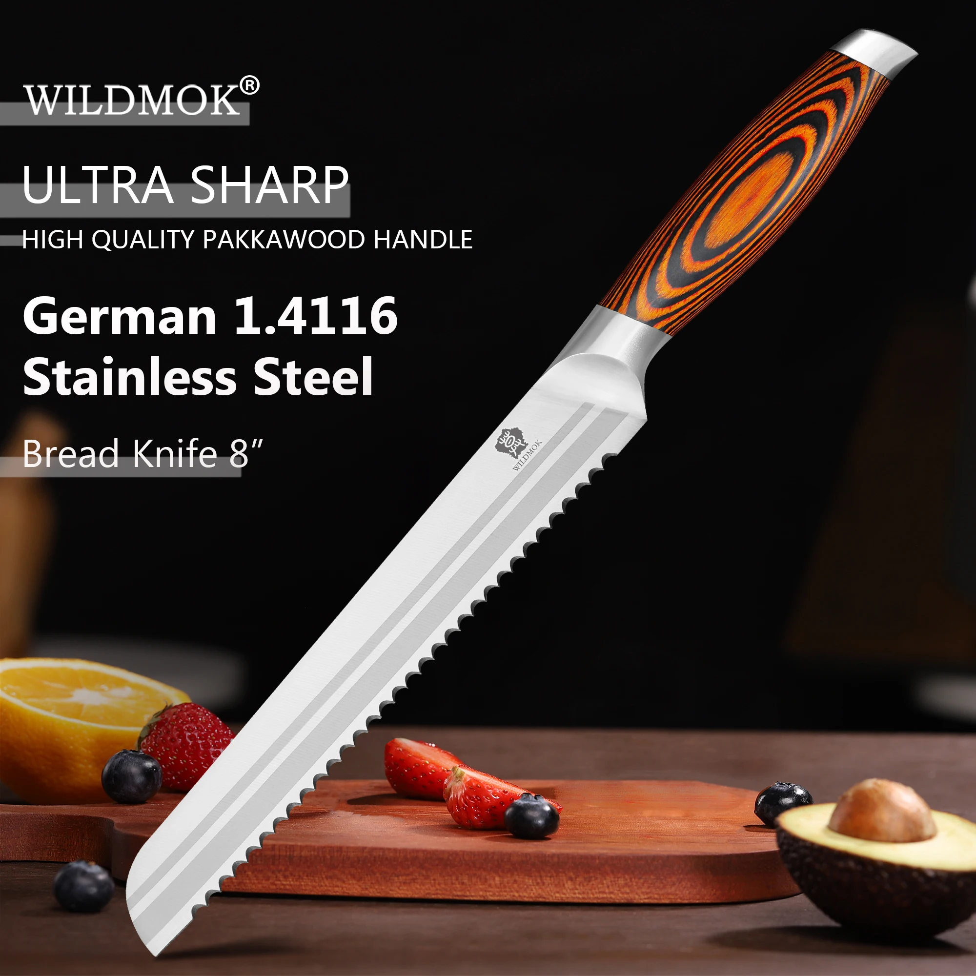 

WILDMOK 8 Inch Bread Kinfe, Professional Serrated Bread Cake Knife Cutter, with Ergonomic Pakkawood Handle