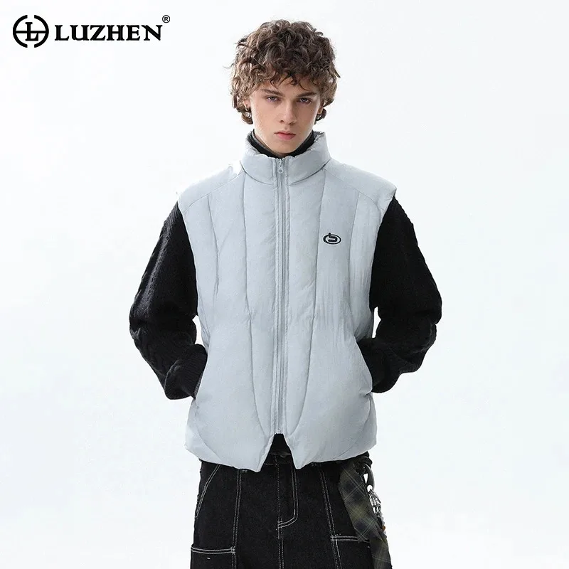 

LUZHEN 2025 Winter New Fashion Logo Printed Stand Neck Padded Sleeveless Vest Coat Men's Warm Solid Color Parka Waistcoat JY4995