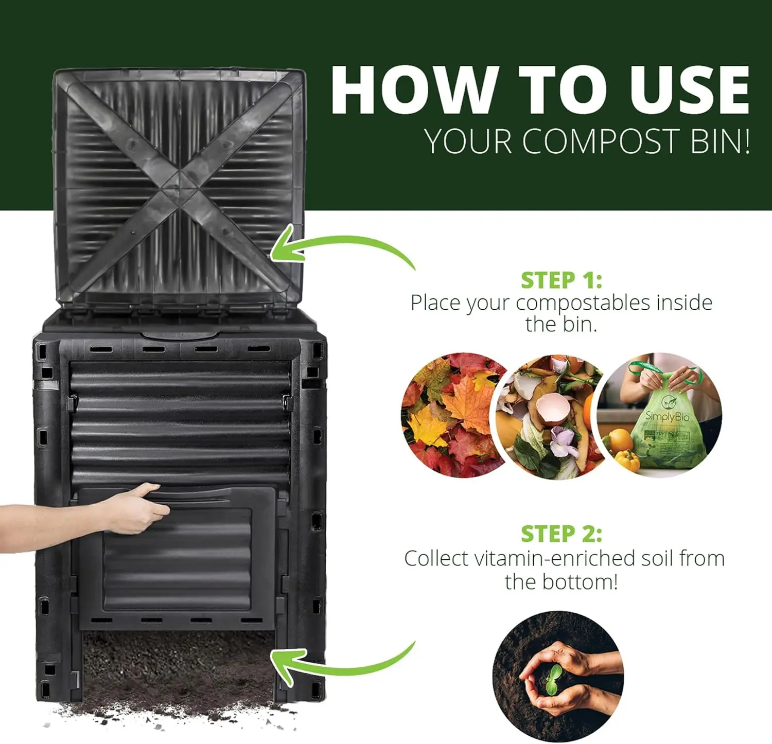 Bac à compost extérieur de 80 gallons, sans BPA, léger, création rapide du sol, assemblage facile, noir