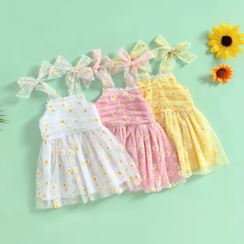 0-4Y Summer Kids Girls Casual Mesh Lace Dress Toddler Tie-up Straps Sleeveless Floral Tulle Dress Children Princess Dresses