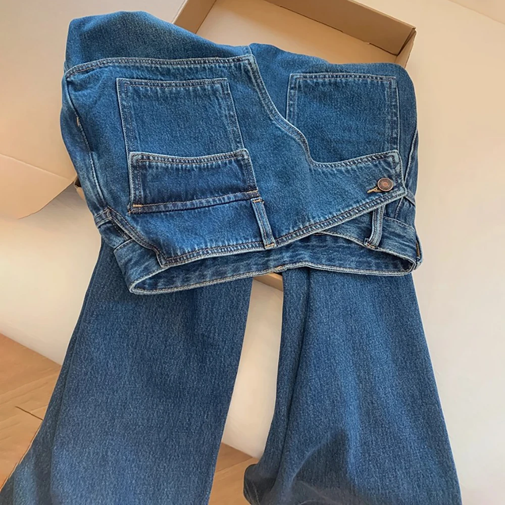 Nep tweedelige donkerblauwe jeans dames Amerikaanse stijl hoge taille smalle denim broek met rechte pijpen Designer Lady losse volledige broek