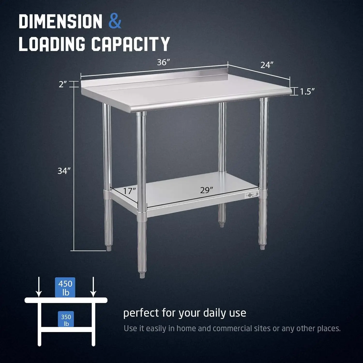 Stainless Steel Prep Table NSF Commercial Work Table with Backsplash and Undershelf for Kitchen Restaurant 24x36 Inch