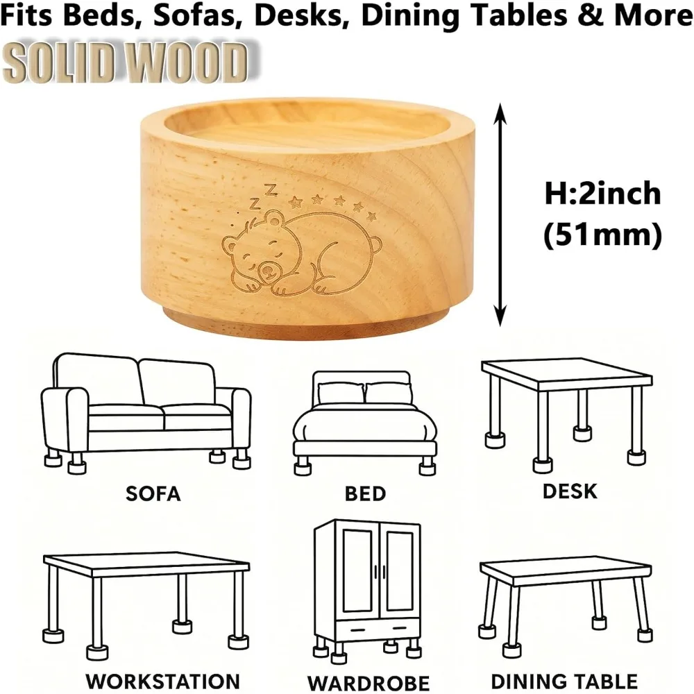 Bed Risers Furniture Legs, Solid Wood Furniture Raisers with Sleepy Bear Pattern, 2 Stackable Non-Slip Heavy-Duty Wooden Sofa Fr