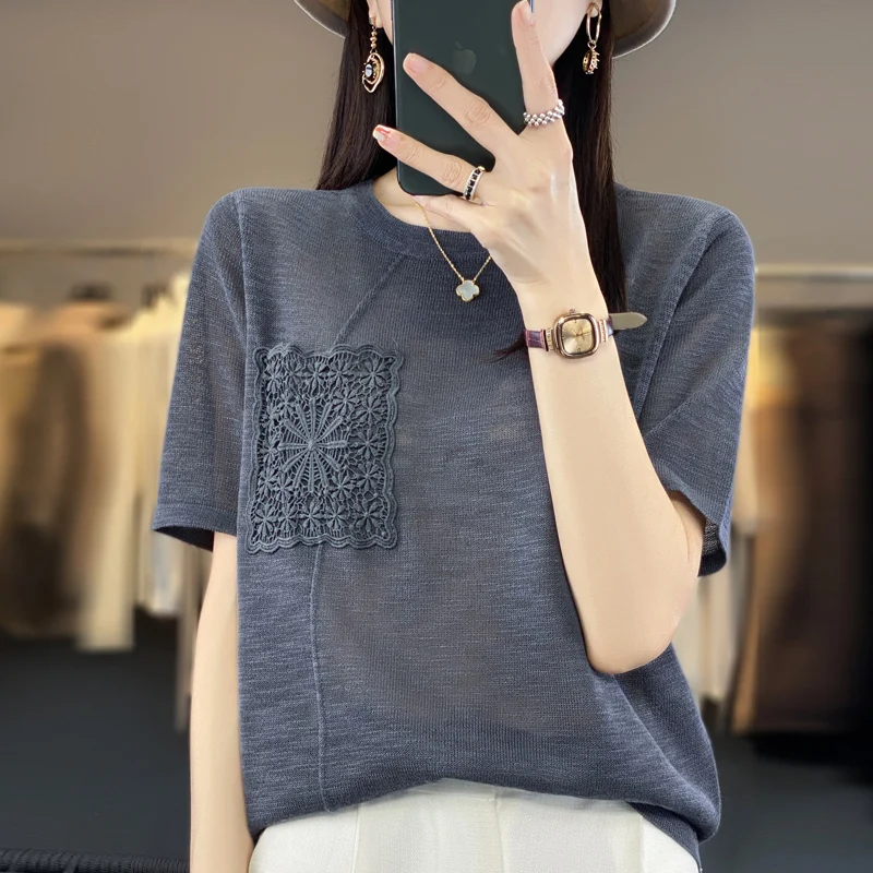 Summer Women\'s Sweater Short Sleeve Pullover Round Neck Bamboo Hemp Ice Silk New Jacquard Loose Knitted T-shirt Slim Fit Top 023