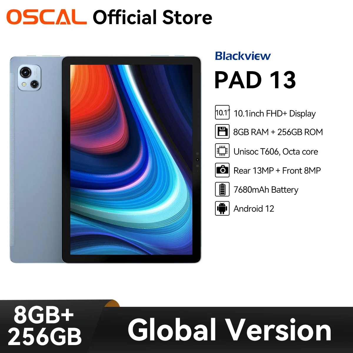 OSCAL Pad 13 Tablet ,10.1 inch FHD Display, 7680mAh Battery ,8GB RAM+256GB ROM, Octa-Core T606 Pad, Dual 4G,Android 12