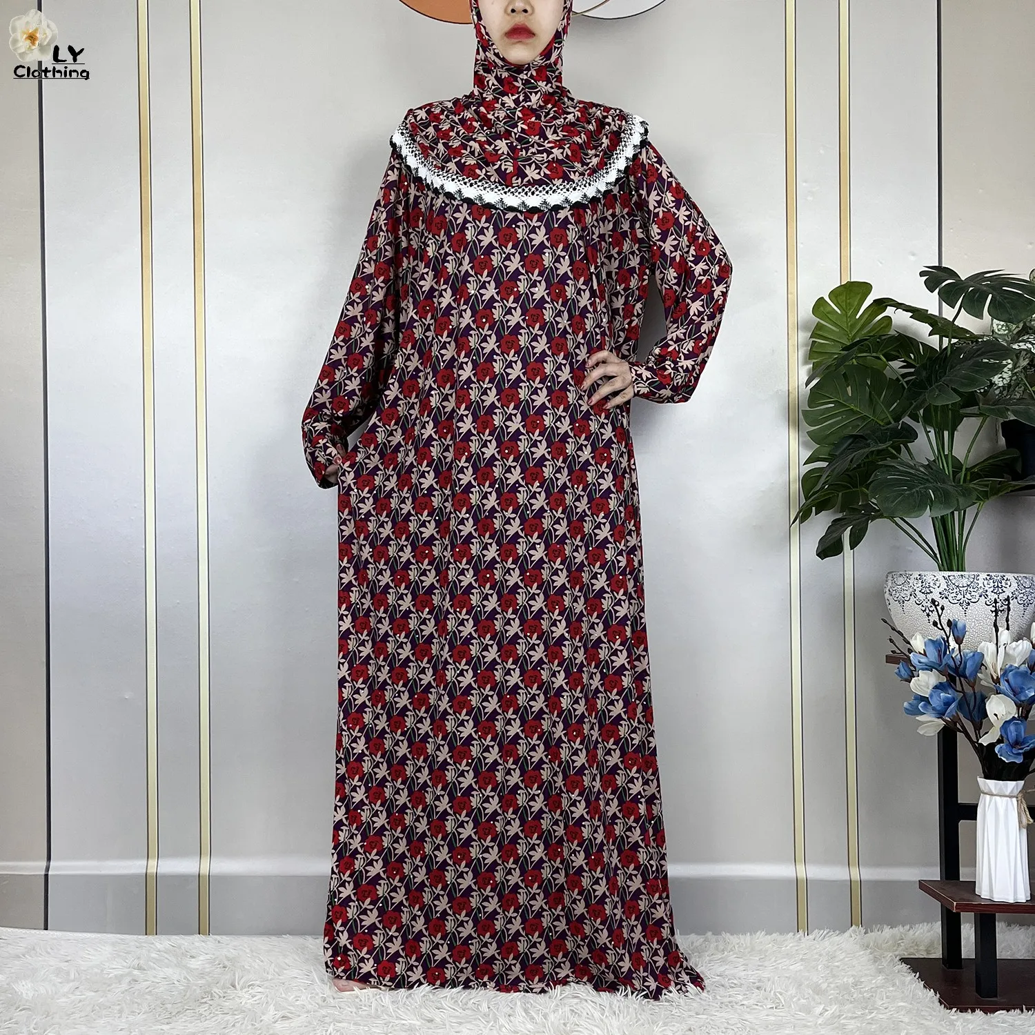 Vestido de manga larga con estampado Floral para mujer, Túnica suelta de Ramadán musulmán, pañuelo para la cabeza, Dubai, Turquía, Oriente Medio,