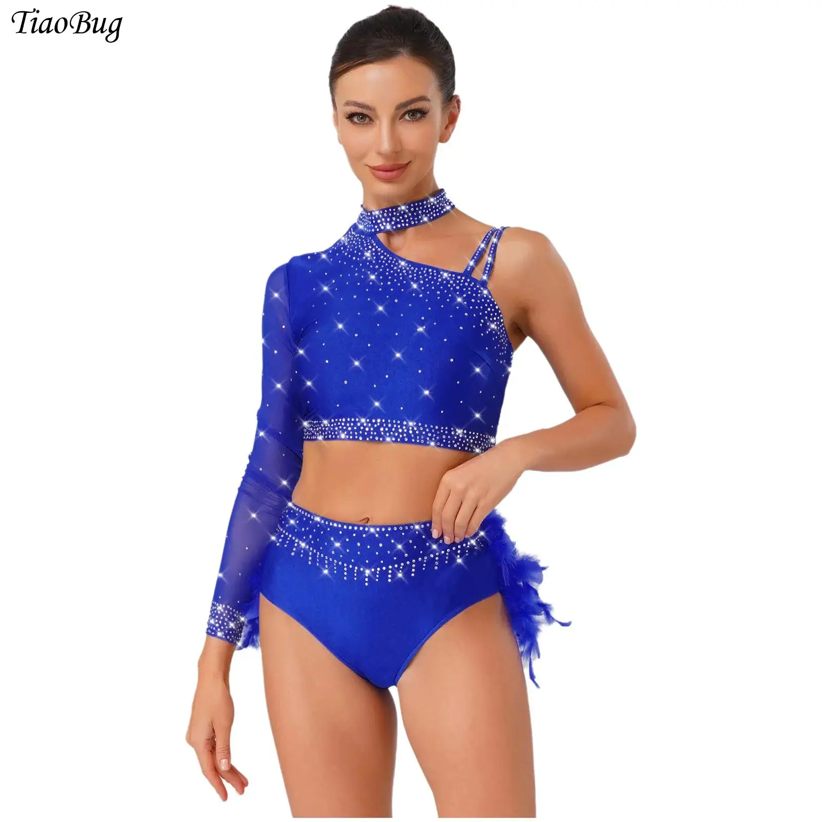 

Women Latin Dance Outfit Rhinestones One Shoulder Long Sleeve Crop Tops with Feather Briefs Figure Skating Chacha Tango Costume