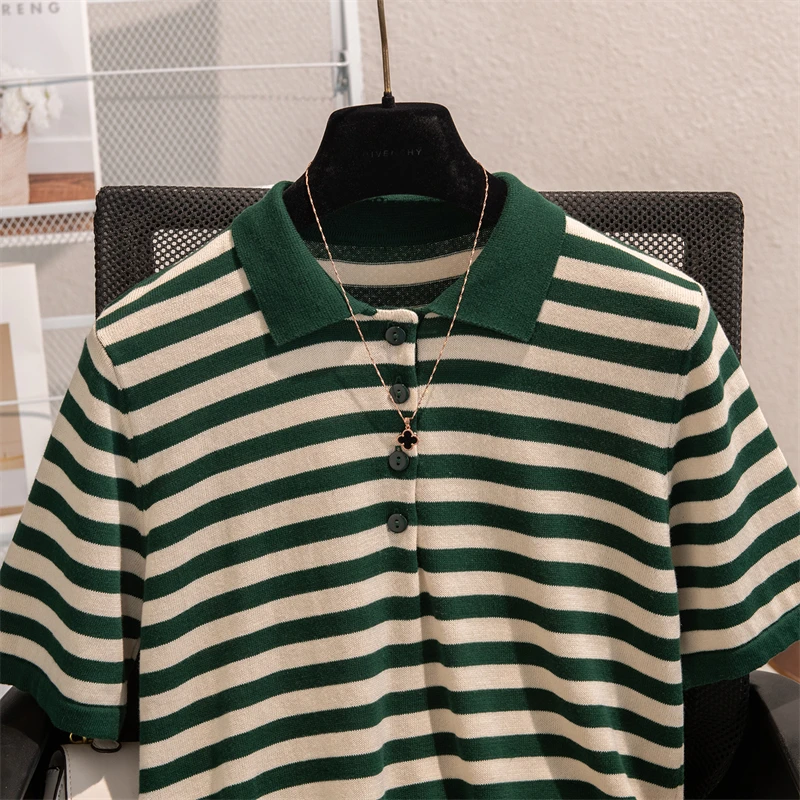 100% Pure Cotton Short Sleeved Women's Lapel Knitted Vest Fashion Striped T-shirt Summer New Pullover Half Sleeve Polo Shirt