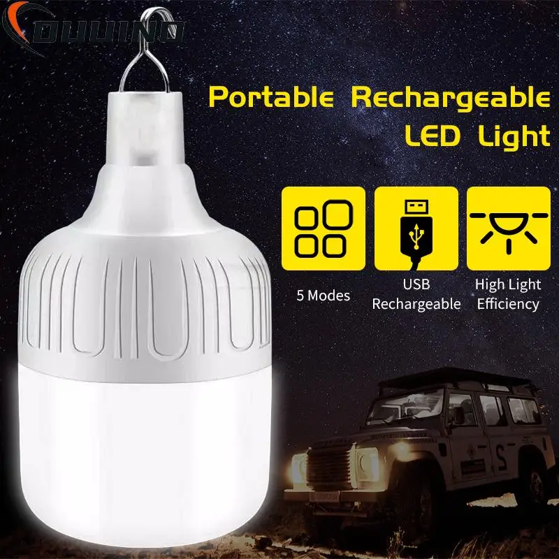 Luz LED de emergencia recargable portátil con batería integrada, linterna brillante para exteriores, Camping, pesca, con gancho