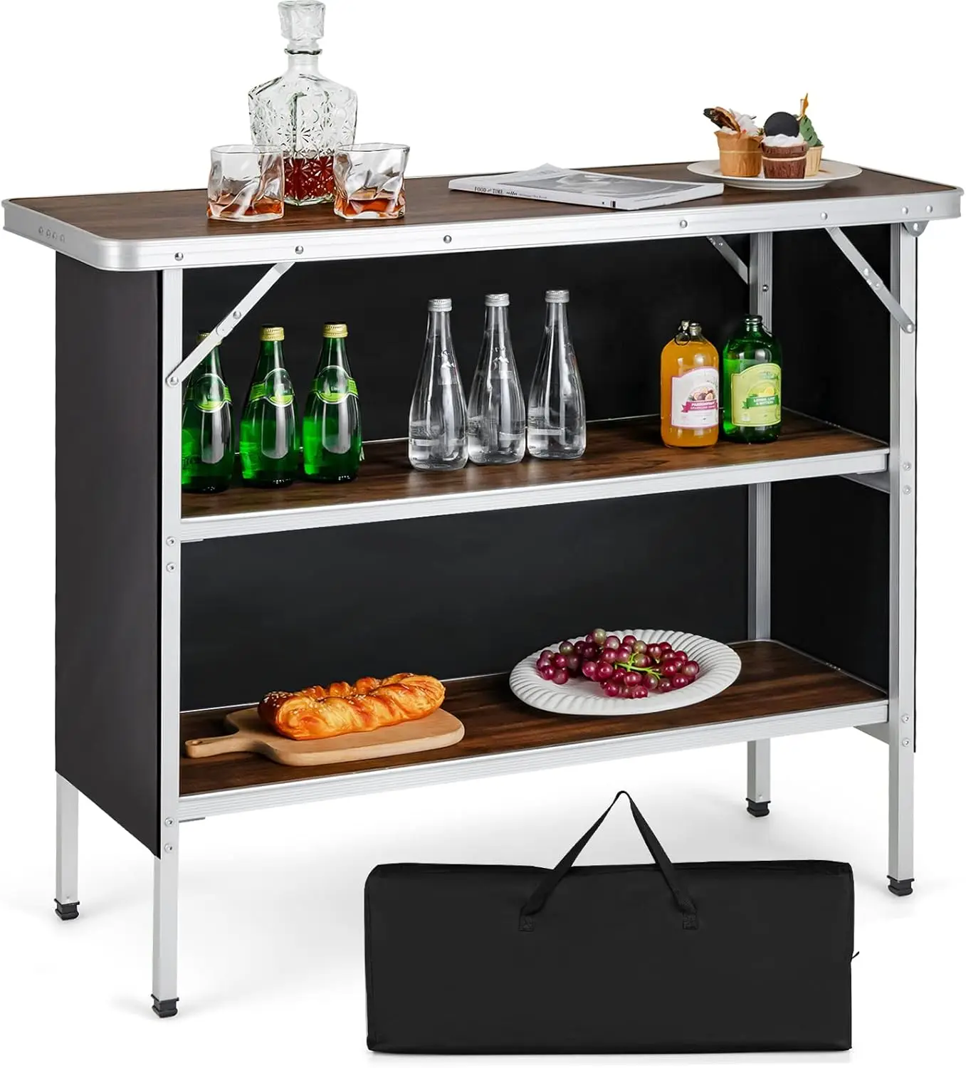 Folding Camping Table, Aluminum Portable Bar Table 43.5''L x 34.5''H, 2-Tier Open Storage Shelves, Removable Oxford Cloth,