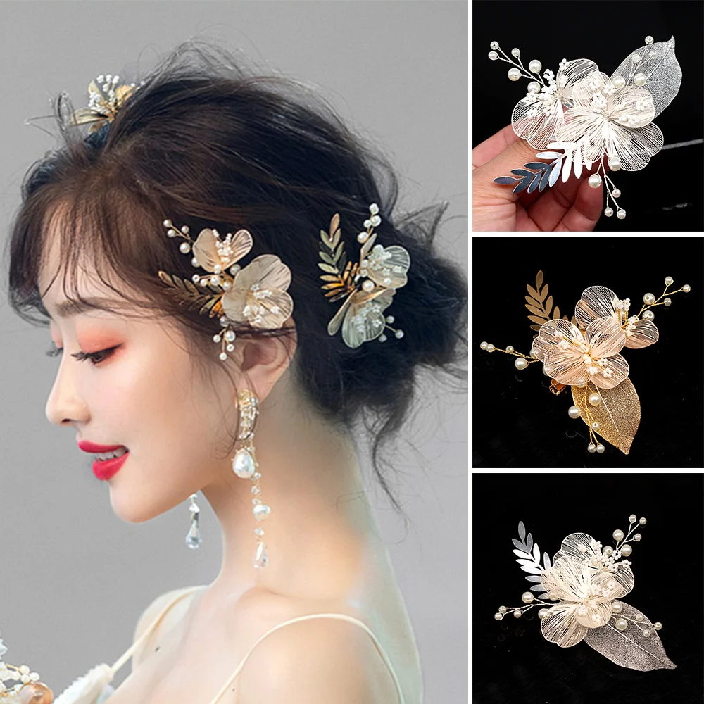 Wedding Hair Accessories Hair Clips Leaves Golden Silk Petals Alloy Hairpins Wedding Styling Headdress Brial Hair Jewelry ML