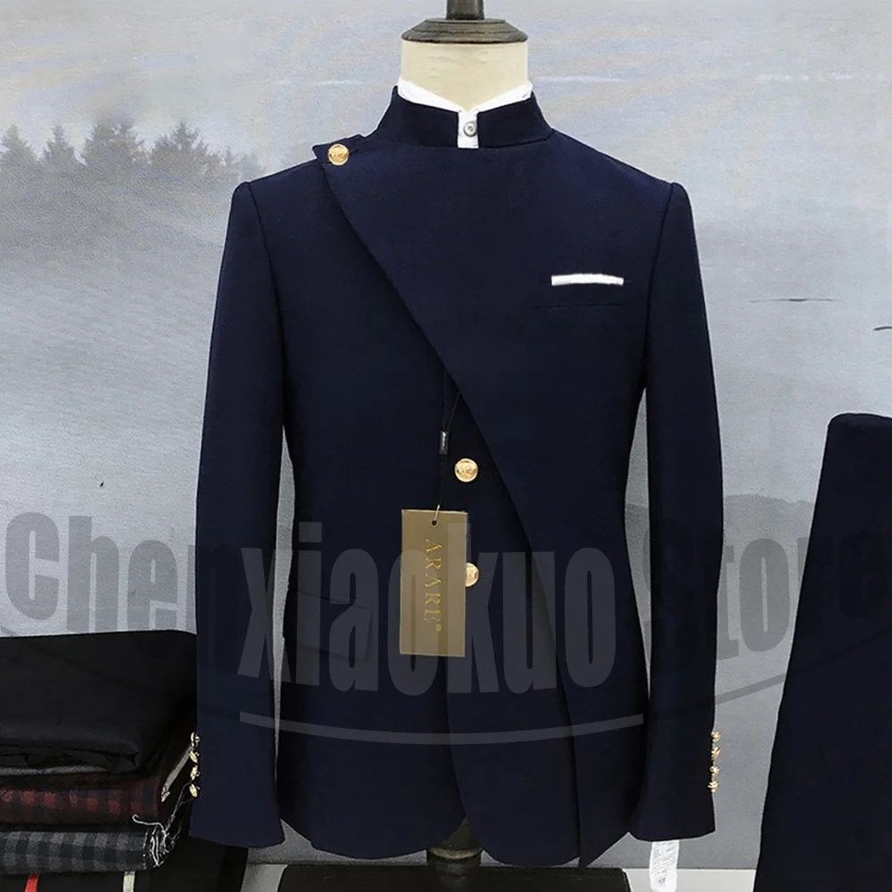 Men Suits 2 Pieces Mandarin Collar Solid Color Outfits Wedding Party Prom Exquisite Asymmetric Design Tailored Male Suit
