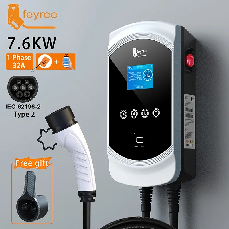 feyree EV Charger 32A 7.6KW Type2 Cable Electric Vehicle Car Charger EVSE Wallbox IEC62196 Socket APP Control Current Adjustable