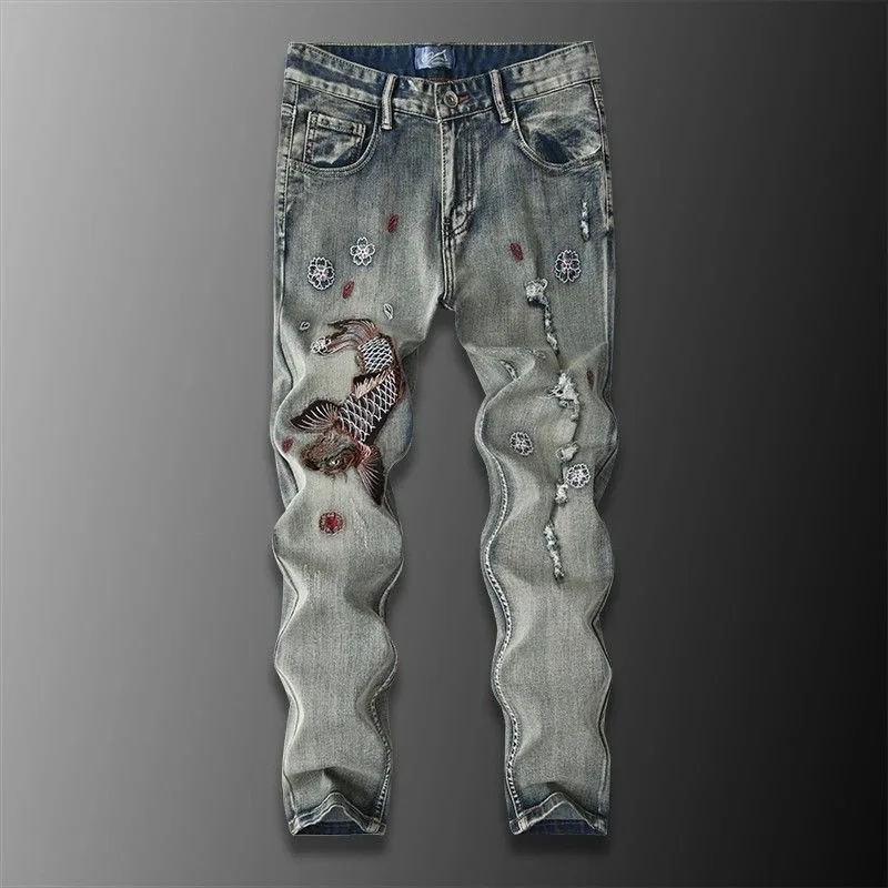 

Autumn and Spring New Fashion Trend Printed American Vintage Straight Leg Jeans Men's Casual Sports High Quality Denim Pants