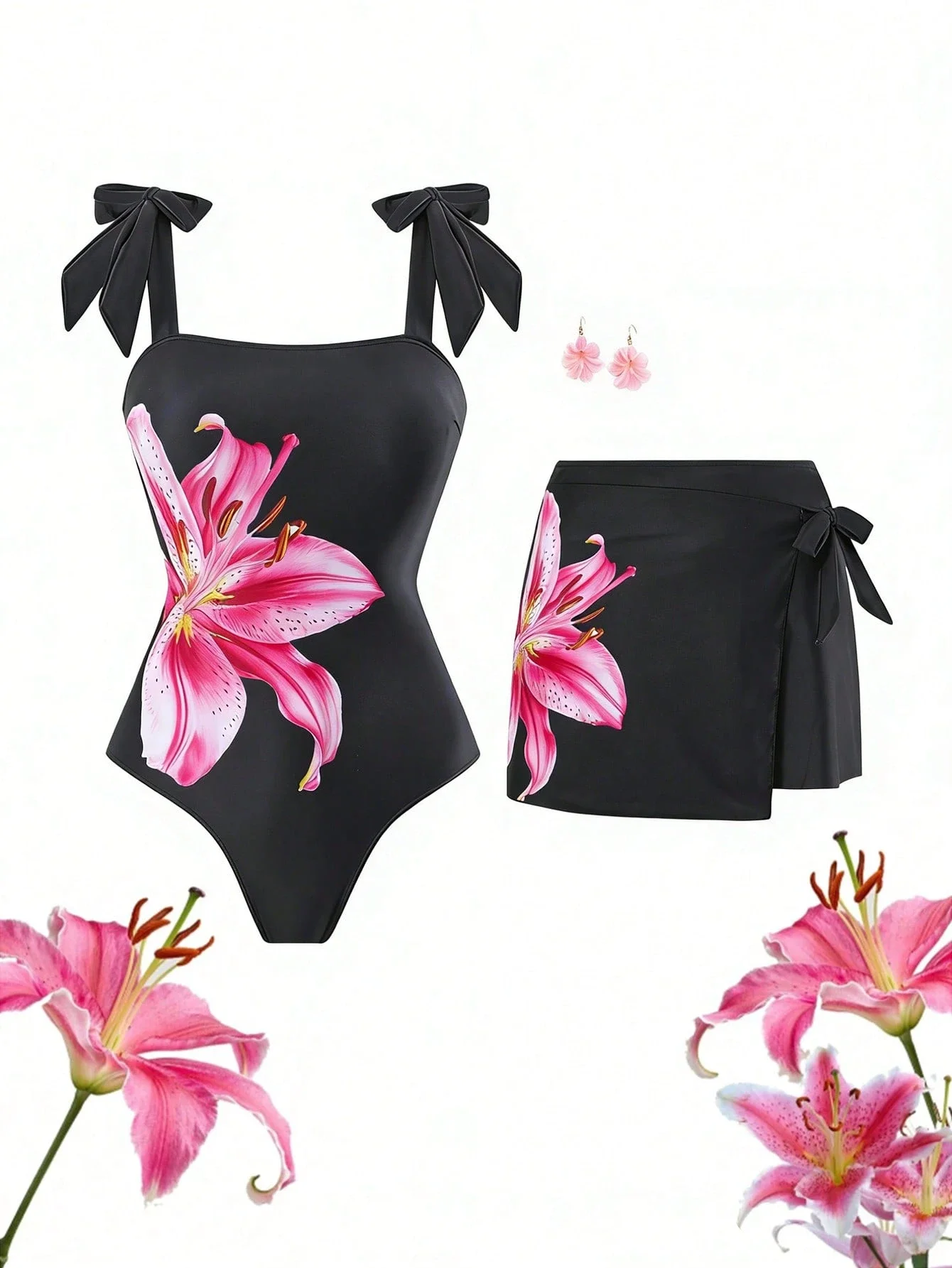 

Black Bowknot Floral Asymmetrical Skirt One-Piece Swimsuit For Women