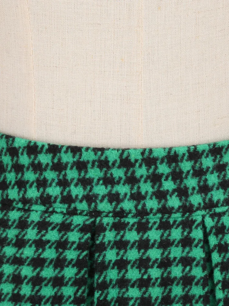 Tonval Green Houndstooth Plaid Vintage Pleated Skirts for Women 2023 Autumn Winter Elegant Knee Length Rockabilly Skirt