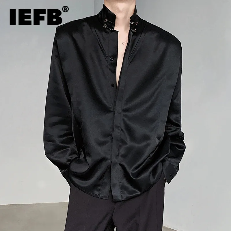 IEFB Chinese Style Men's Shirt Knot Button Stand Collar Long Sleeve 2025 Spring New Fashion Versatile Solid Color Clothing C5882