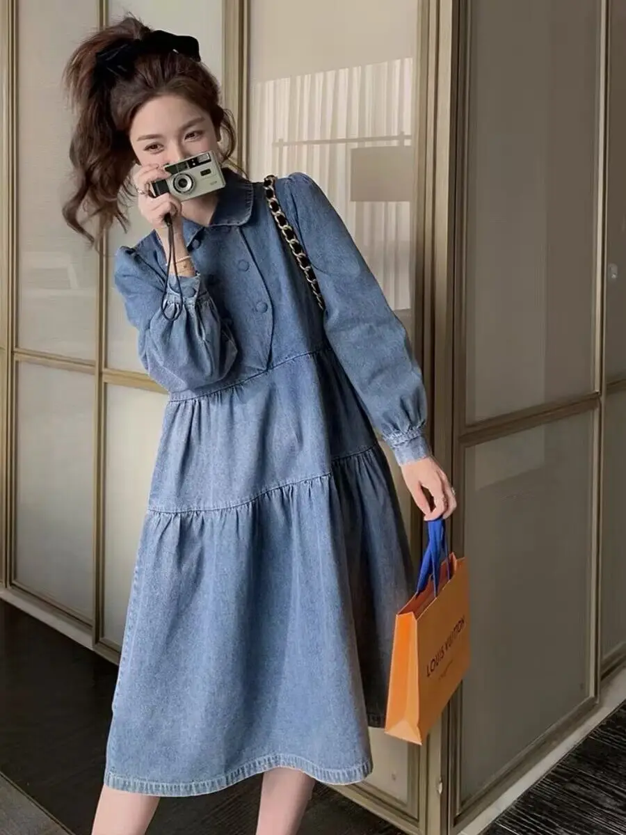 

Korea Denim Dress For Women Spring New Long Sleeve Double Breasted Loose Sweet Korean Style Elegant Girl Cowboy Dresses