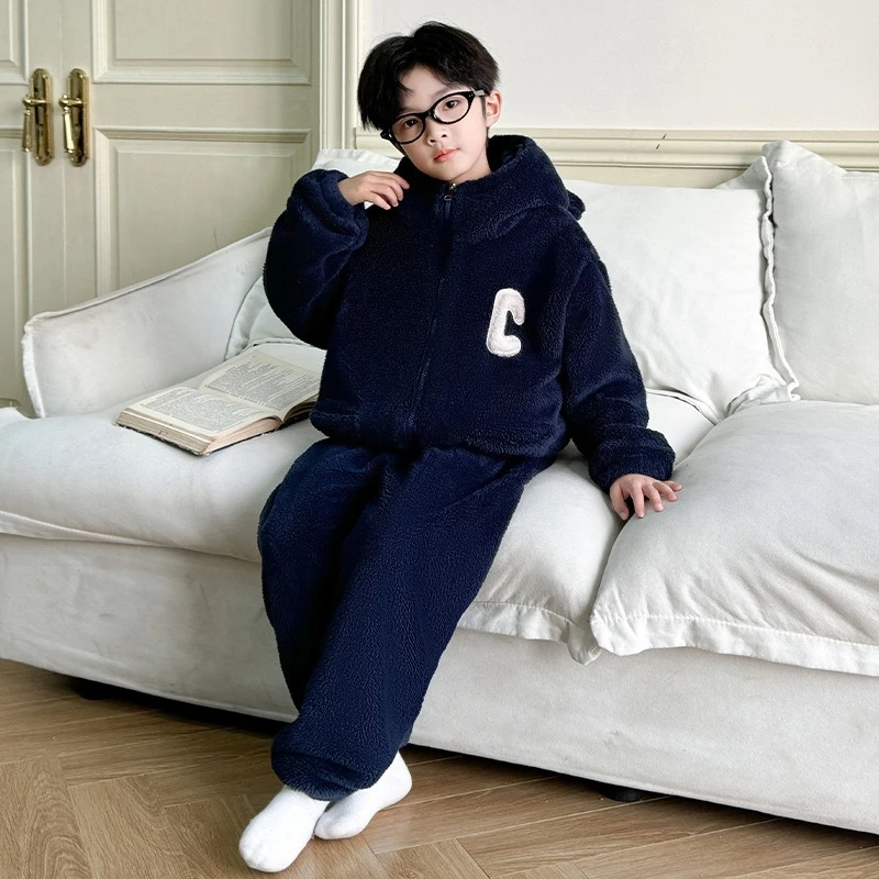 طقم بيجامة من الصوف المرجاني للمراهقين، ملابس نوم شتوية من الفلانيل القطيفة للأولاد