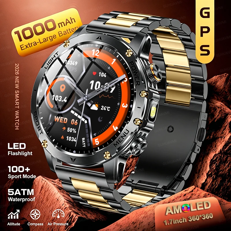2026 Men 1.7-inch AMOLED Screen Smart Watch 1000mAh Battery Heart Rate Bluetooth Call NFC GPS Tracker Sports Fitness Watches New