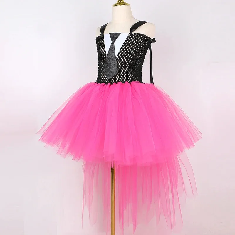 AD1 فستان سهرة أسود وردي ساخن للفتيات الصغيرات أزياء مستوحاة من الشحن للأطفال ملابس رسمية للمدرسة الثانوية المنخفضة 5@rD ~