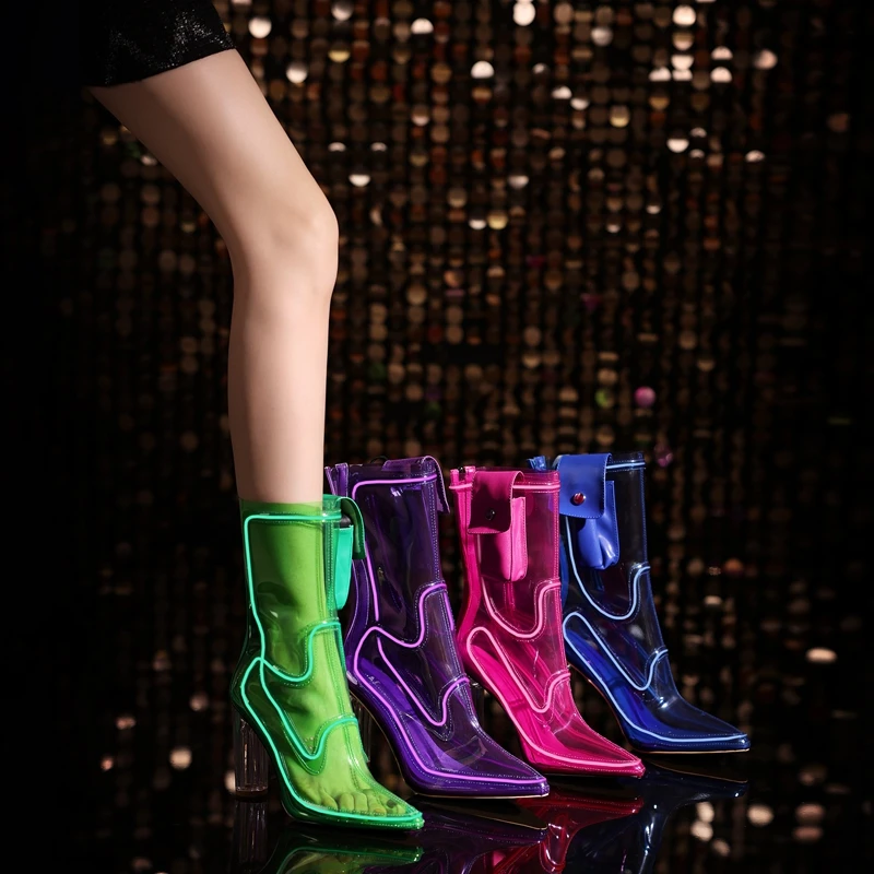 Women's New Pointed PVC LED Flash Electric Music Festival Christmas and Calf High-Heeled Short Boots with Electric Light Shoes