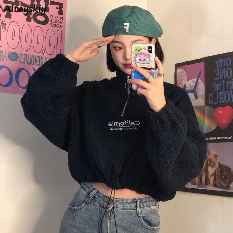 

Cropped Sweatshirts Women S-3XL Shirring Zipper Preppy Hotsweet American Streetwear Warm Clothing Lambswool Y2k 3-Colors Girlish