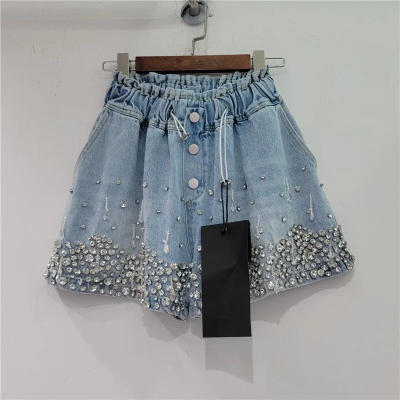 Heavy Industry Tassel Bead Diamond High Waist Slimming Wide-Leg Denim Shorts Femme Blue Shorts 2024 Summer New Short Jeans Women