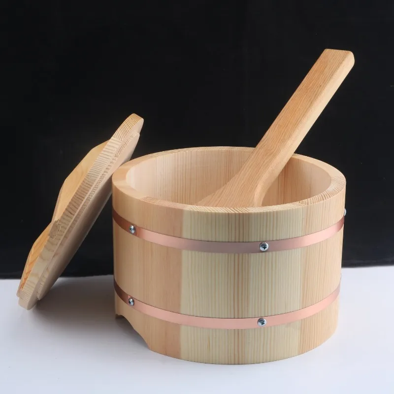 Japanese High-end Commercial Sushi Bucket  Rice Thermal Insulation Sushi Bibimbap Restaurant Bibimbap Wooden Basin Spoon