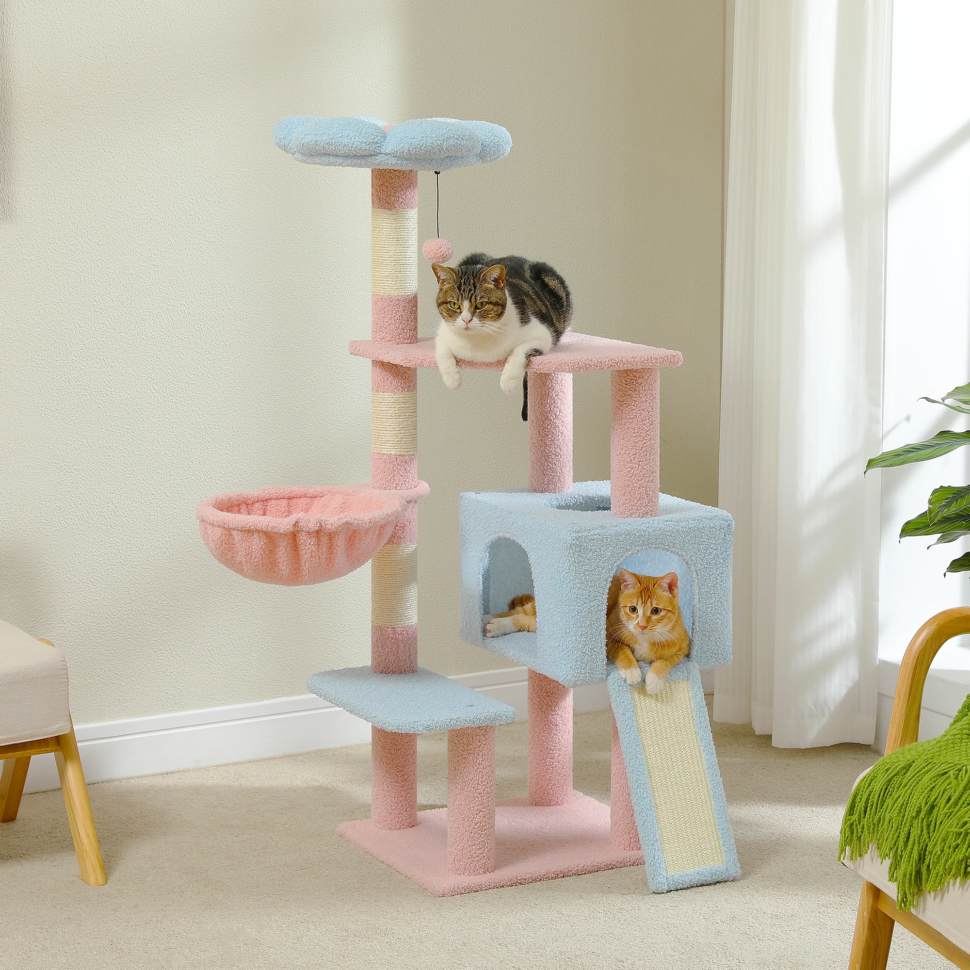 Flower Cat Tree47.2" Multi-Level Cat Tower with Sisal Covered Scratching Posts,Cute Cat Condo for Indoor Small Medium Cats,Pink