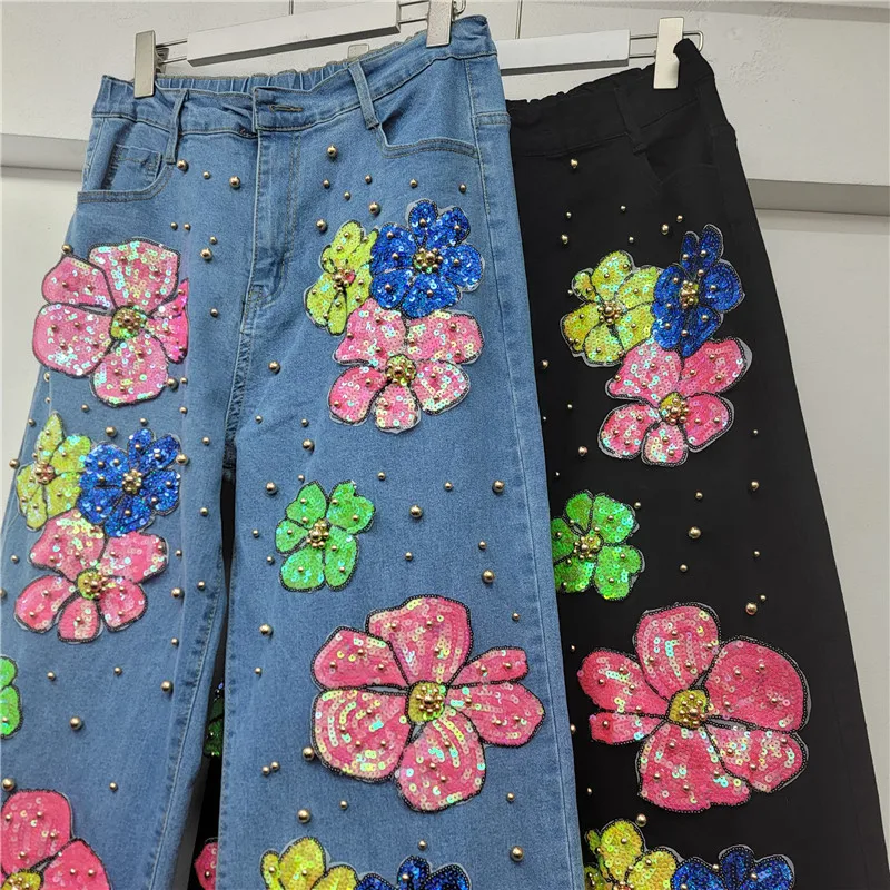 Schwere Perlen-Pailletten-Blumen-Denim-Hose für Damen, trendige 2025, Herbst-Neue, lockere, schlankmachende, vielseitige Jeans mit weitem Bein