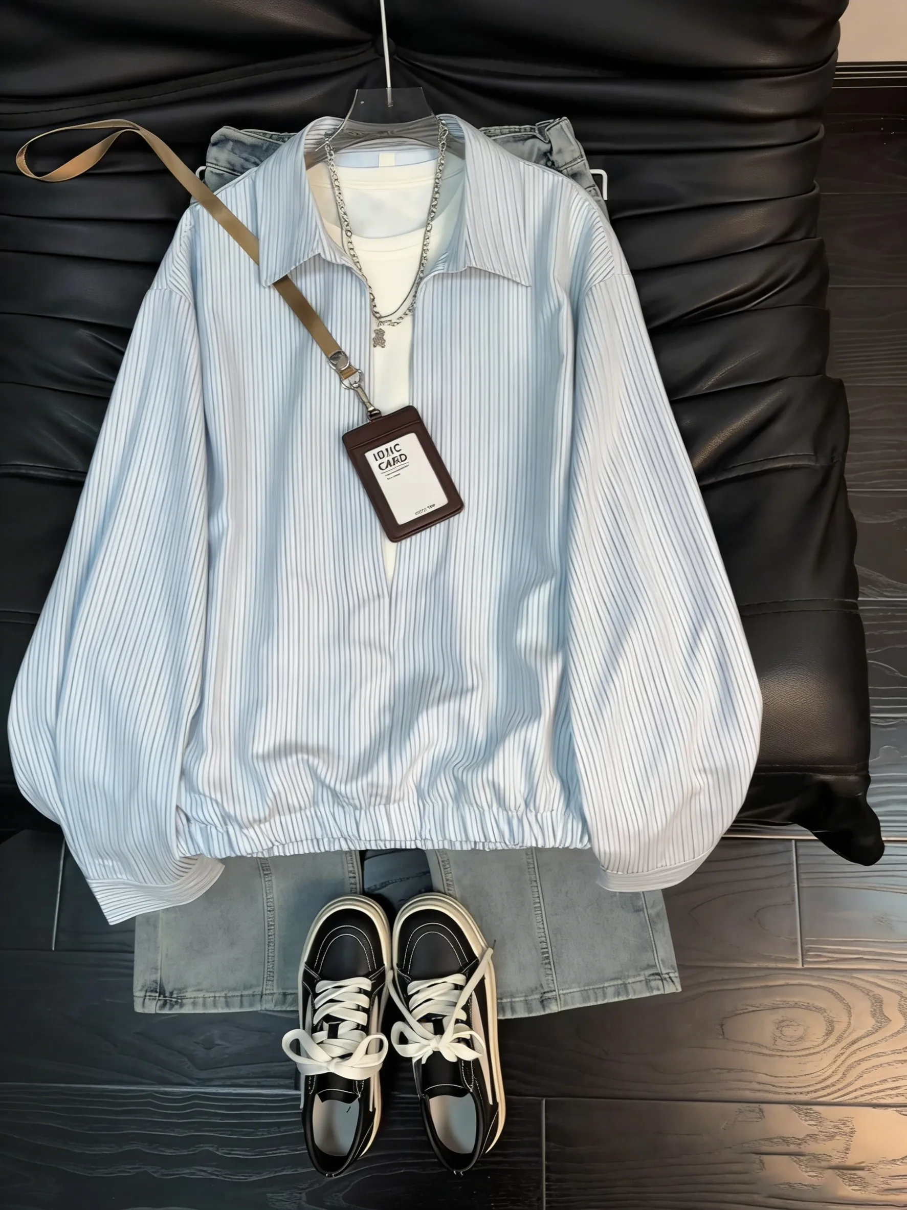 

Light Blue Striped irt Jaet Men's Spring Lazy Overhead Design Sense Turn-down Collar Top Breathable Casual Sle Long Sve