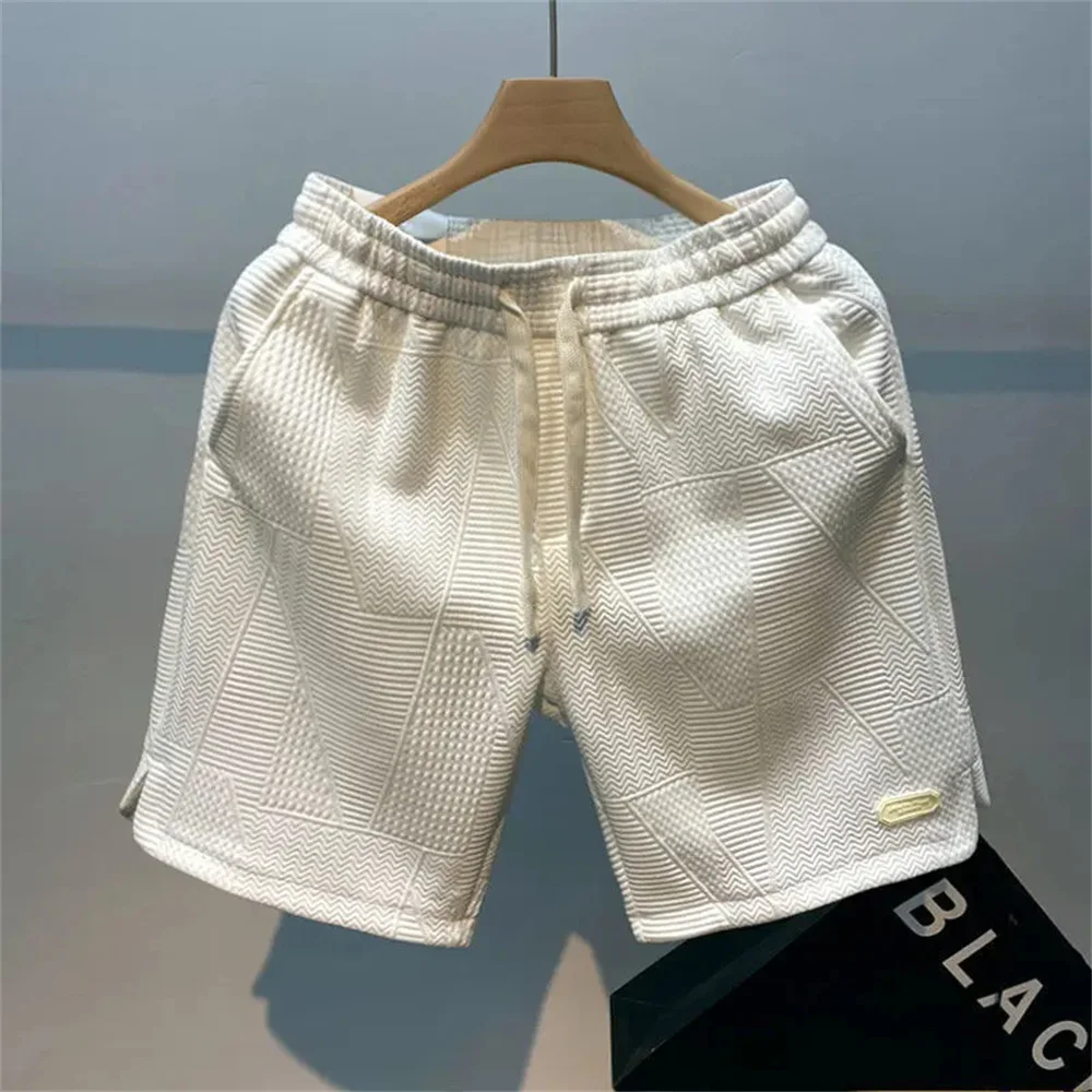 Calça curta esportiva de jogging casual masculina, padrão ondulado, monocromático, cordão masculino, calção de ginástica solta seca, sudorese, verão