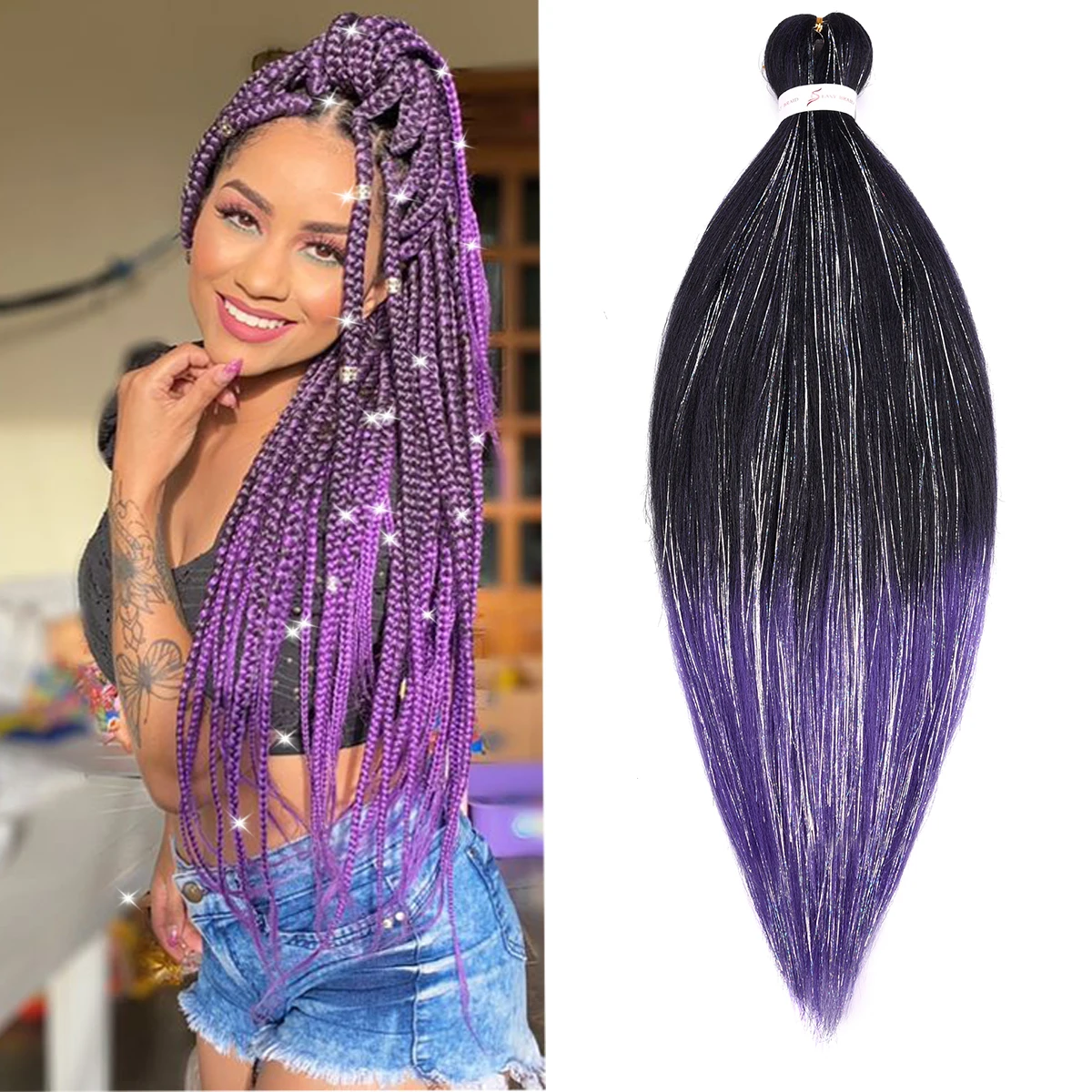 2Pcs Hair Extensions for Braids Ombre Braiding Hair Add Tinsel Hair Extension Sparkly Braiding Hair 24 Inch Braiding Hair