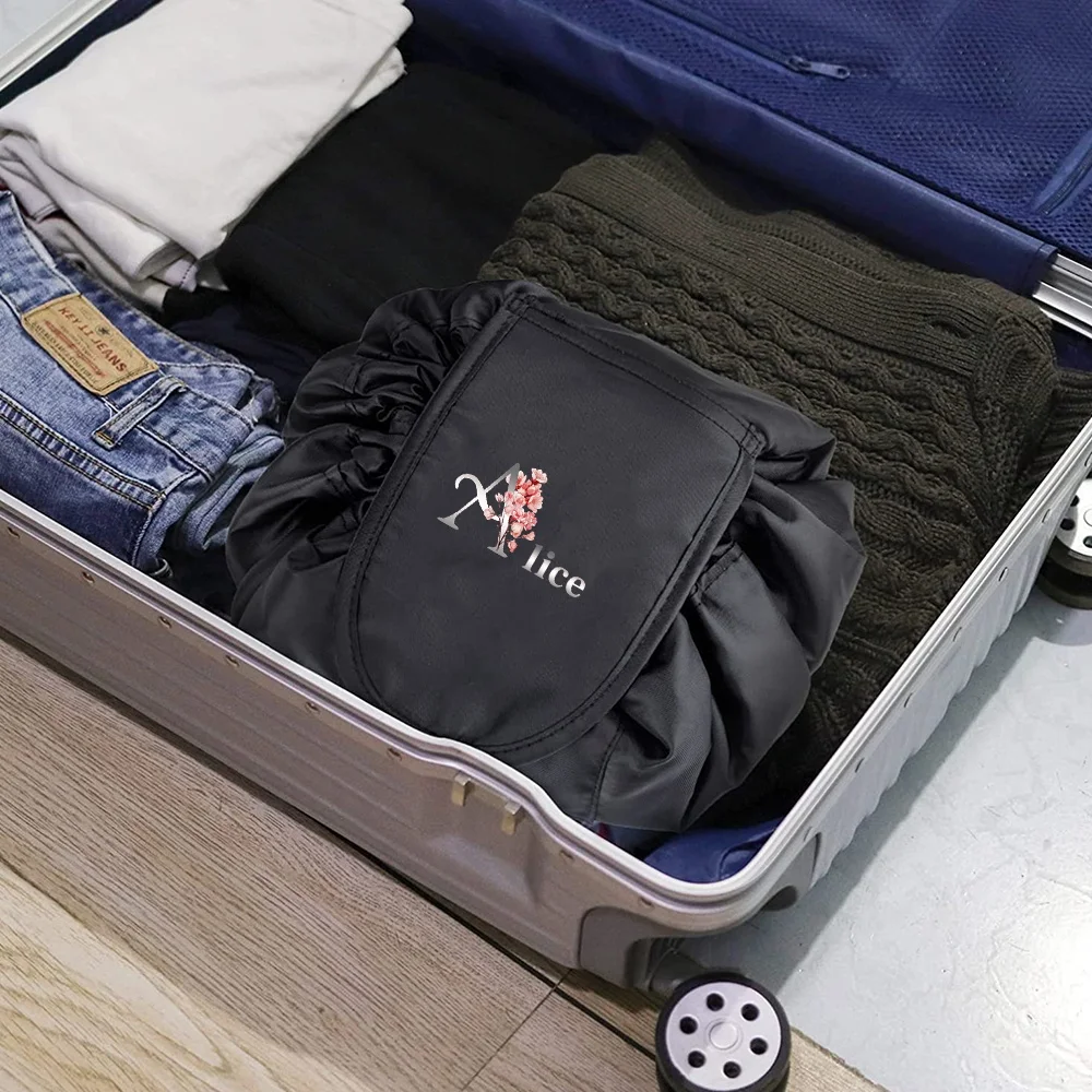 Customized Name Women's Drawstring Travel Makeup Bag Storage Bag Alphabet Printing Storage Bag Foldable Toiletries Handbag