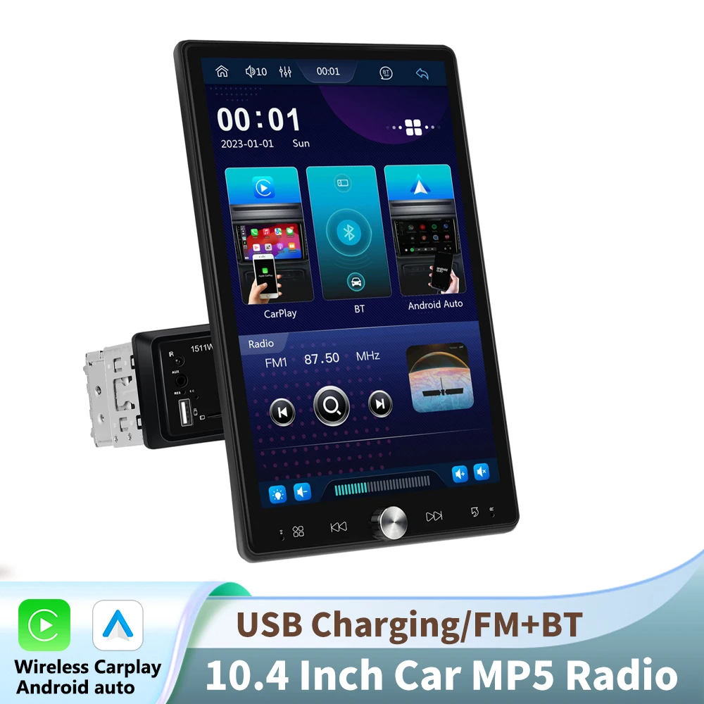 Podofo 1din autoradio draadloze CarPlay Android Auto multimediaspeler audio stereo FM BT Mirrorlink MP5 autostereo AUX USB SWC