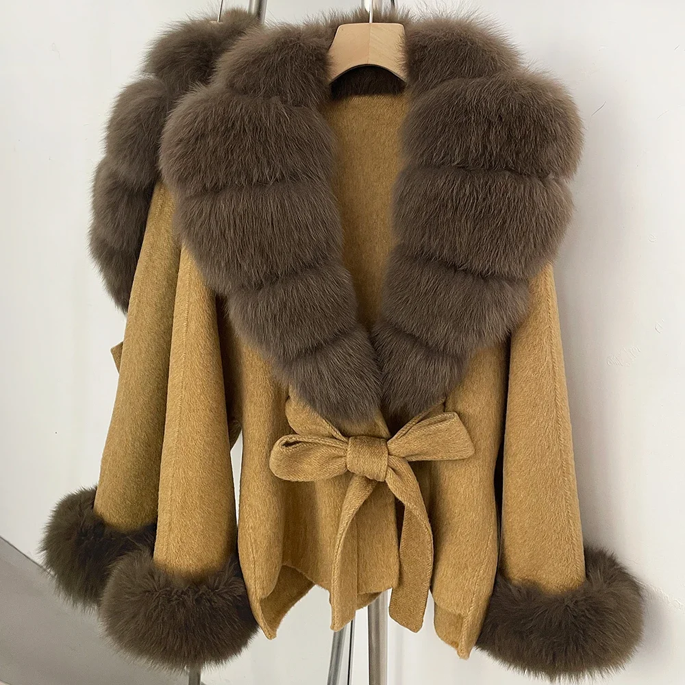 OFTBUY Luxuriöser Echtfuchs-Pelzkragen Wollmantel für Damen Neue Herbst-Winter-Kleidung mit Natürlichem Pelzgürtel 100% Wollmantel für Frauen – Detail 29