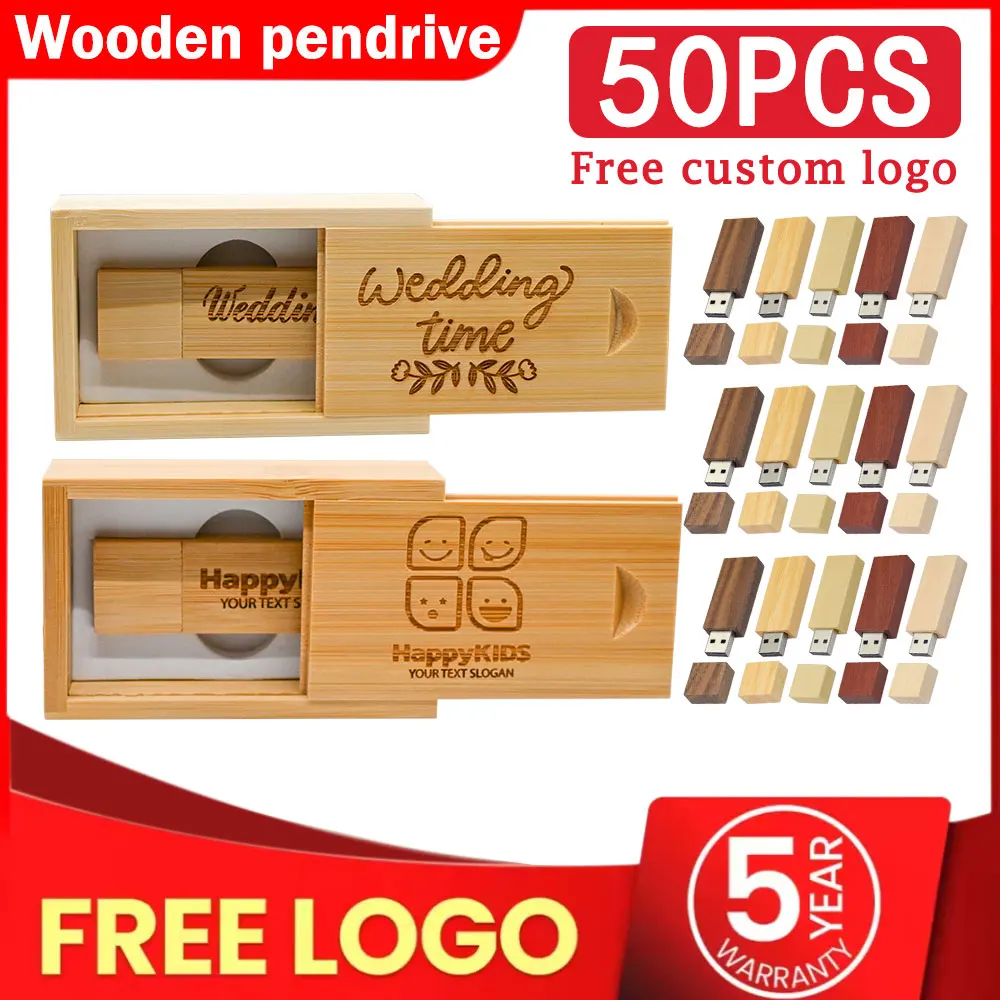 50PCS LOT USB 2.0 Flash Drives 128GB Free Custom Logo Pen Drive 64GB Maple Wood Pretty Box Memory Stick 32GB Business USB Stick