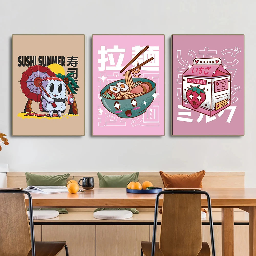 Japanese Kawaii Cuisine Poster Ramen Drink Milk Sushi Canvas Painting Wall Picture Soda Water Vapor Wave Print Restaurant Decor