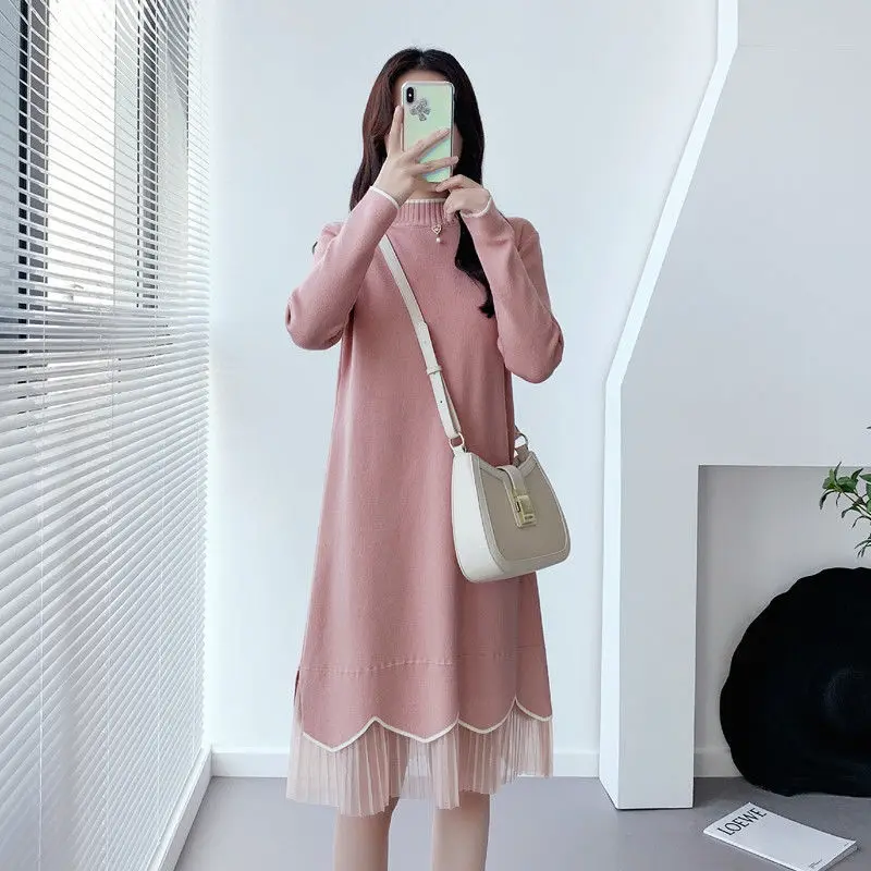 Vintage Knitted Sweater Long Sleeve Dresses Women Bodycon Korean Elegant Fall Winter Turtleneck  Midi Woman Dress N76