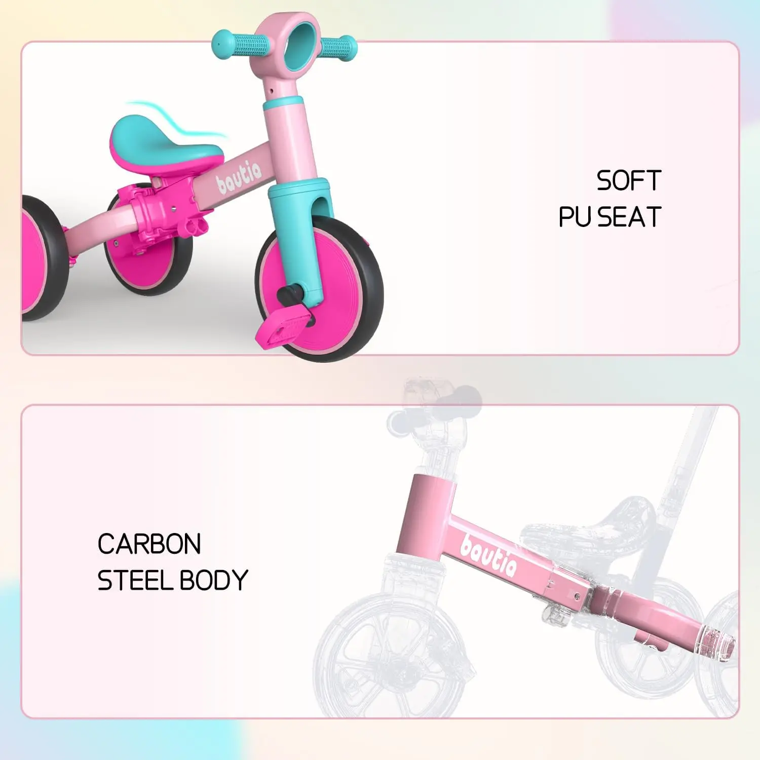 Kids Tricycle with Push Handle for Toddlers 1-4 Years Old Boys Girls Gift, 5 in 1 Baby Balance Bike for Toddlers 1-3 with Remova