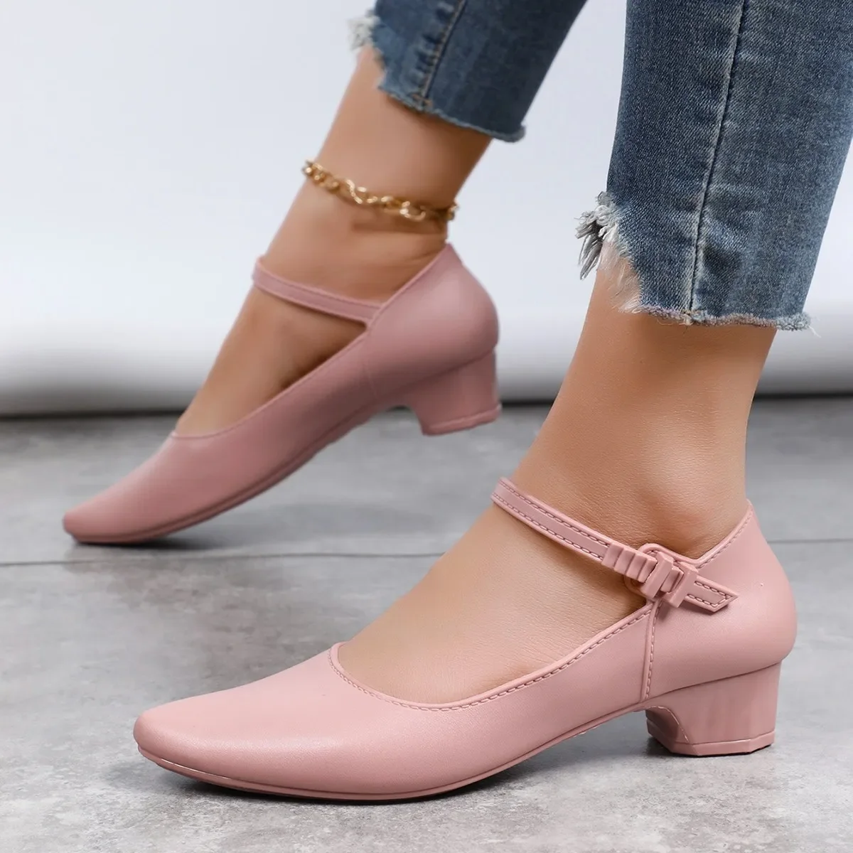 Apontou Toe Shallow Chunky Heel Shoes para mulheres, cinta no tornozelo, vestido único, bombas de senhoras do escritório, primavera, novo