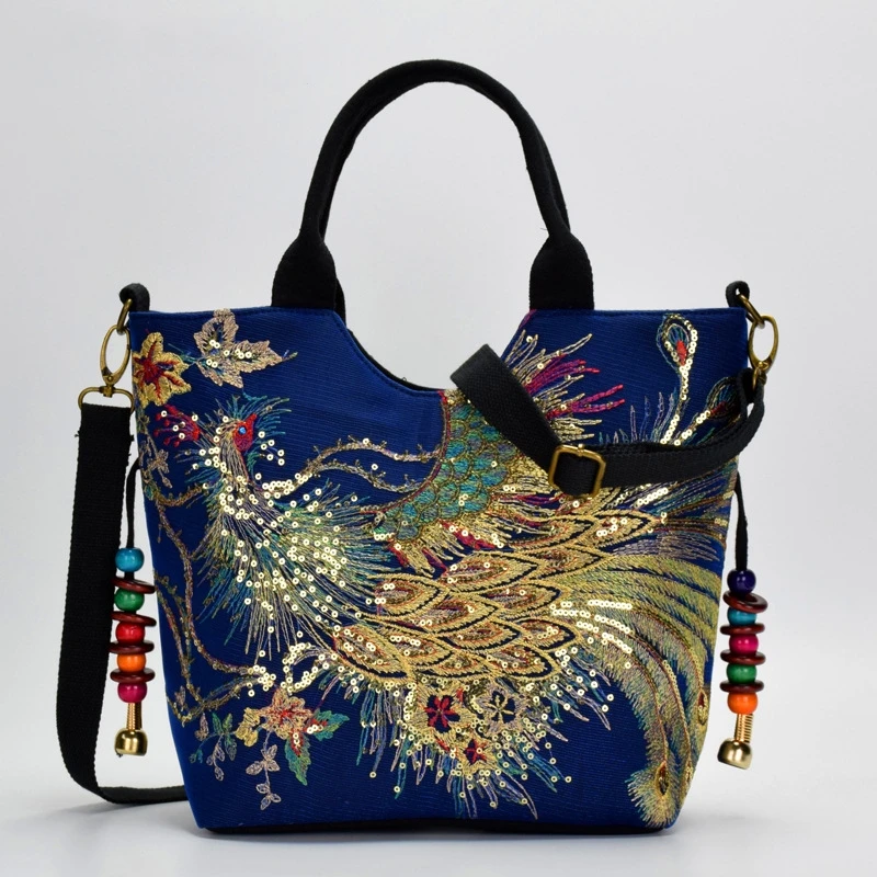 Women Shoulder Bag Handmade Shiny Peacock Embroidered Bohemia Handbag Retro Large Capacity Canvas Tote Shopping Messenger Purse