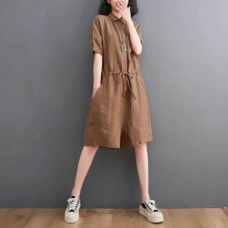

Cotton Linen Jumpsuits Women Oversized Loose Casual One Piece Outfits Women Playsuits Overalls for Women Elastic Waist Shorts