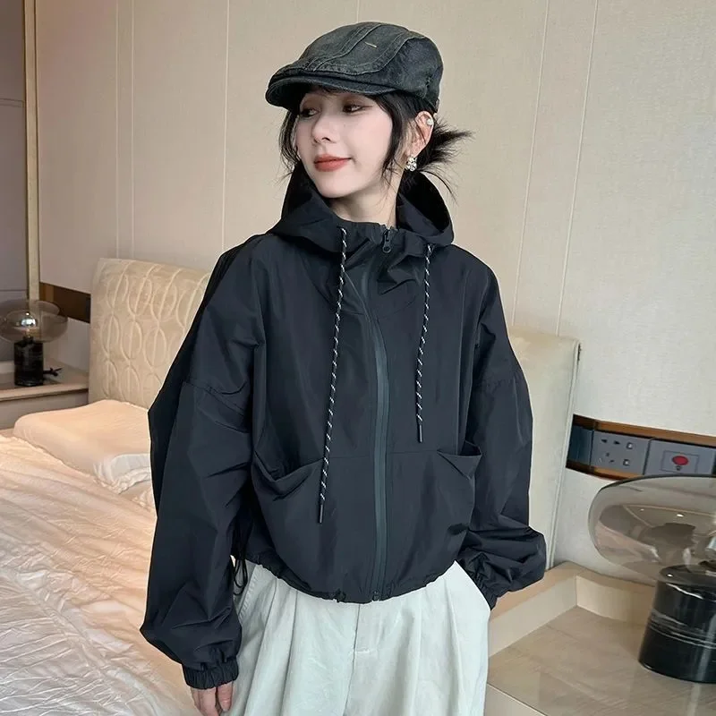 2025 New Fashion Women Hooded Jacket Autumn Casual Zipper Pockets Jackets Coats Female Long Sleeve Windbreaker Jacket