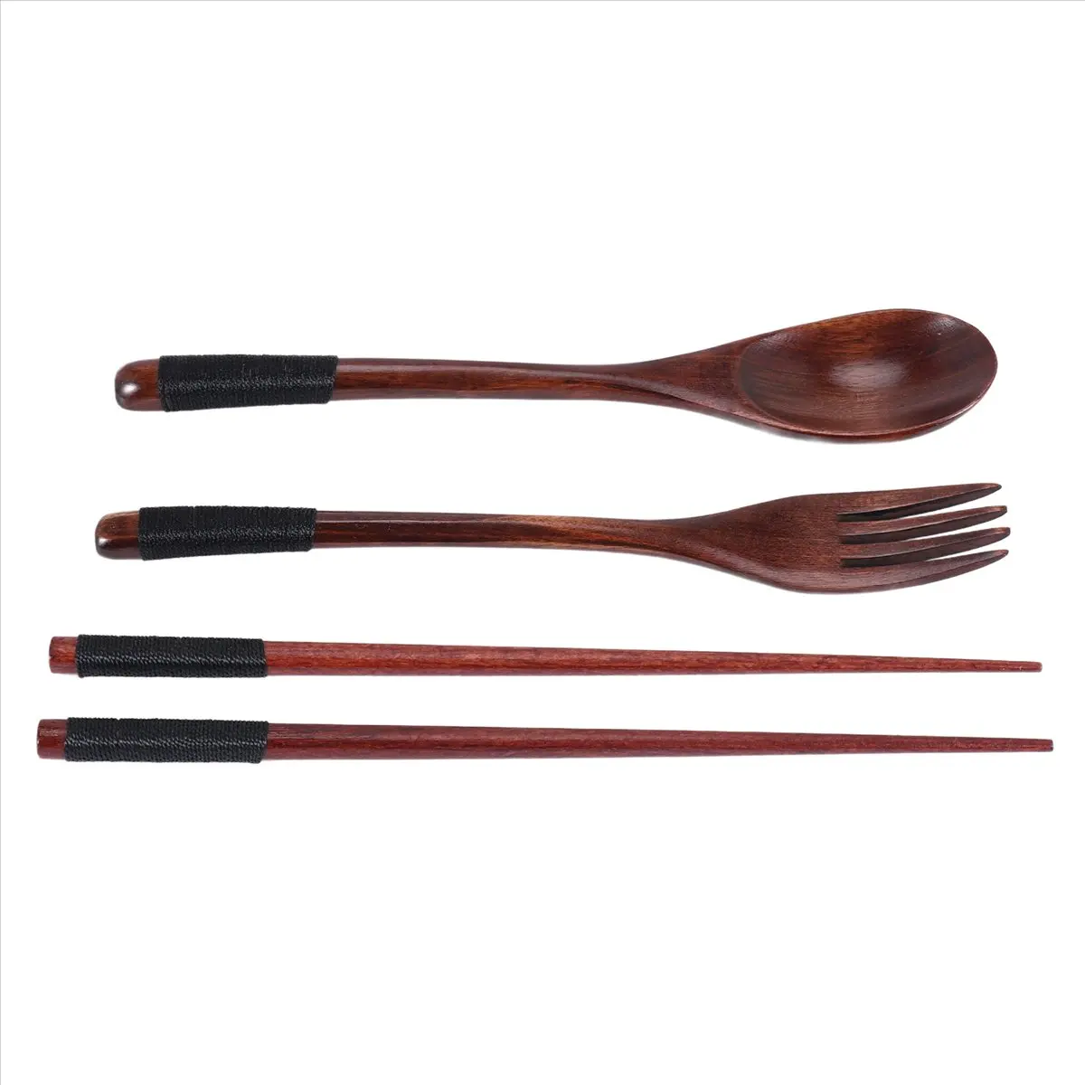 B-est Wooden Flatware Set, Wooden Portable Set Chopsticks Spoon Fork Tableware Dinnerware with Black Twining Thread
