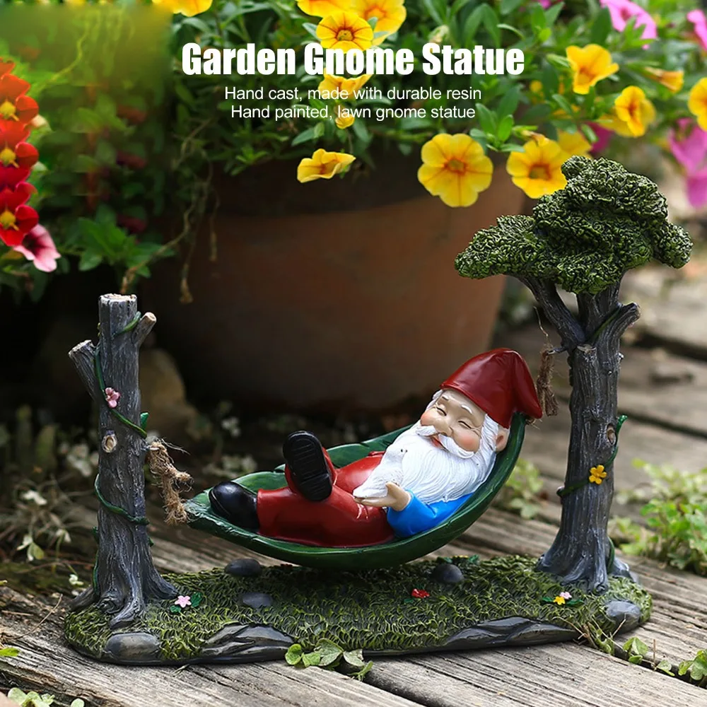 Resin Hammock Gnome Statue Green Hanging Garden Gnome Figurine Dwarf Figurine Outdoor Gnome Decoration Backyard Decor