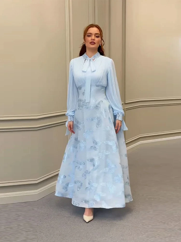 

Patchwork Lace Up Women Dresses A Line Pleated Female Maxi Dress 2025 Elegant Fashion Lantern Full Sleeve Empire Female Vestidos