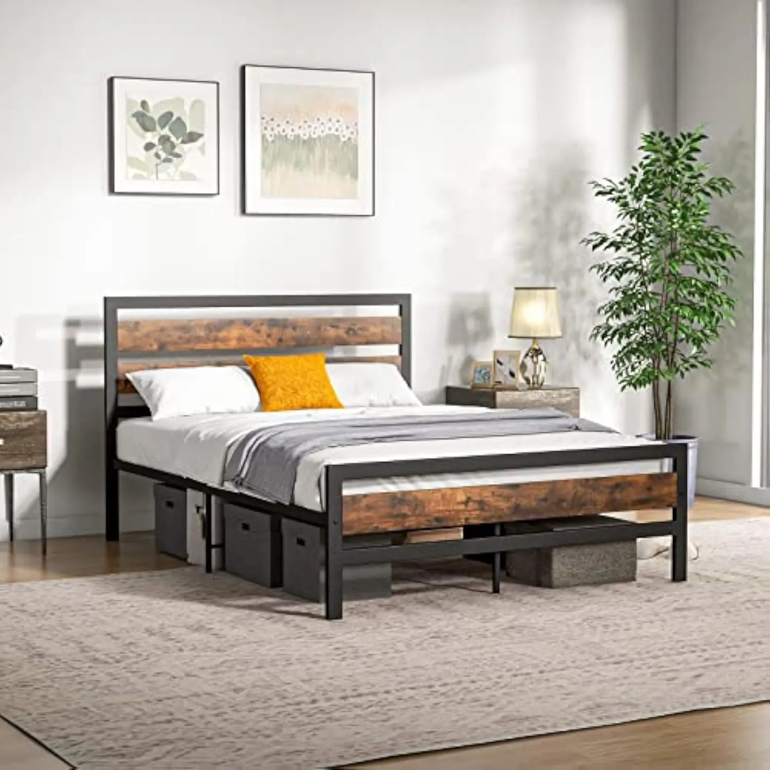 

Full Metal Bed Frame, Industrial Platform Bed with Wood Headboard and Footboard, Heavy-Duty Metal Mattress Foundation, Easy As
