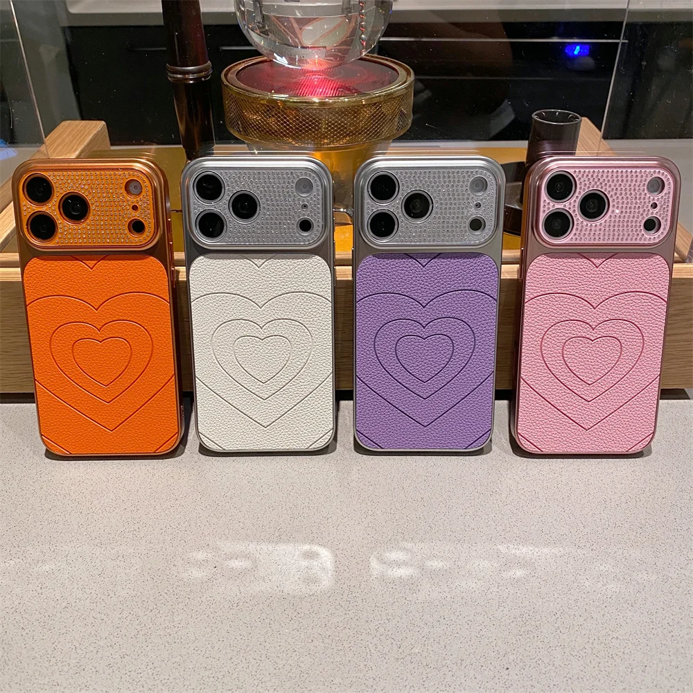 

Luxury Heart Embossed PU Leather Glitter Rhinestone Lens Frame Phone Case for iPhone 17 Pro Max 16 15 14 13 Pro Protective Cover